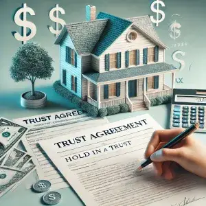 A conceptual image depicting inheriting a house held in a trust in North Carolina with a focus on taxes. The scene features a southern style home with