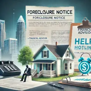 A conceptual image illustrating the process of stopping foreclosure in Charlotte North Carolina. The scene features a modest home with a Foreclosure