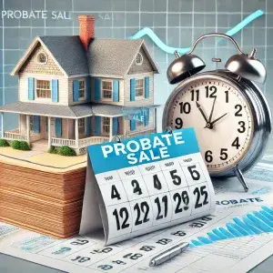 A conceptual image representing the timeline of a probate sale in North Carolina. The scene features a house with a Probate Sale sign a clock promi