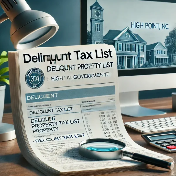 Document or website on 'Delinquent Tax List' in High Point, NC, viewed in an office setting.