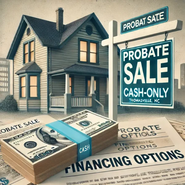 House with a sign for a cash-only probate sale in Thomasville, NC, including financing details.