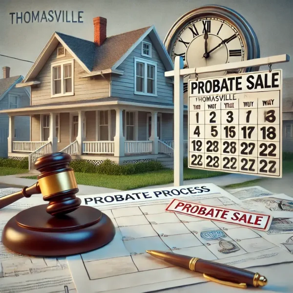 House with a probate sale sign in Thomasville, showing sale details and numbers in an outdoor setting.