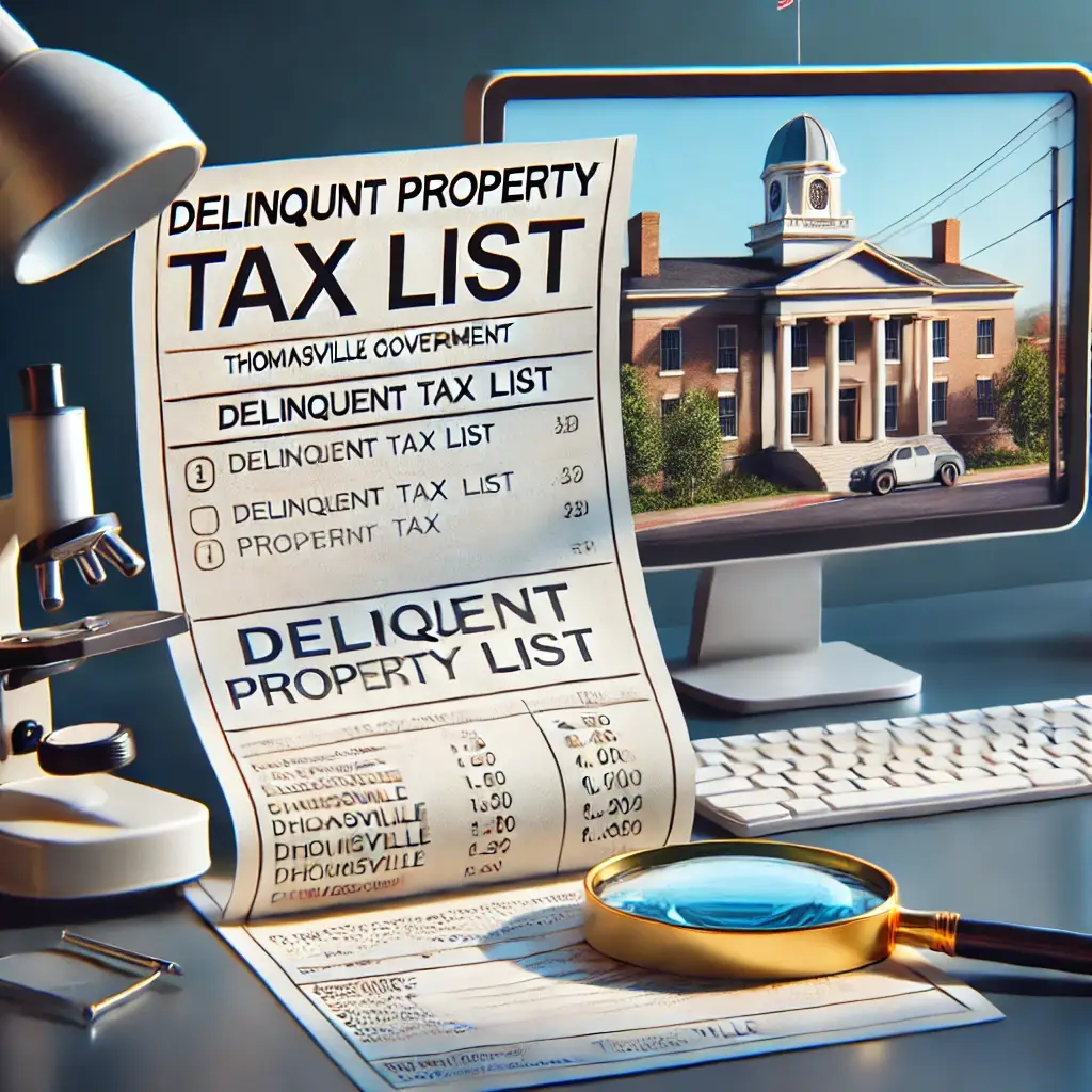 Engineering drawing on delinquent property tax list in Thomasville, with office items in the scene.