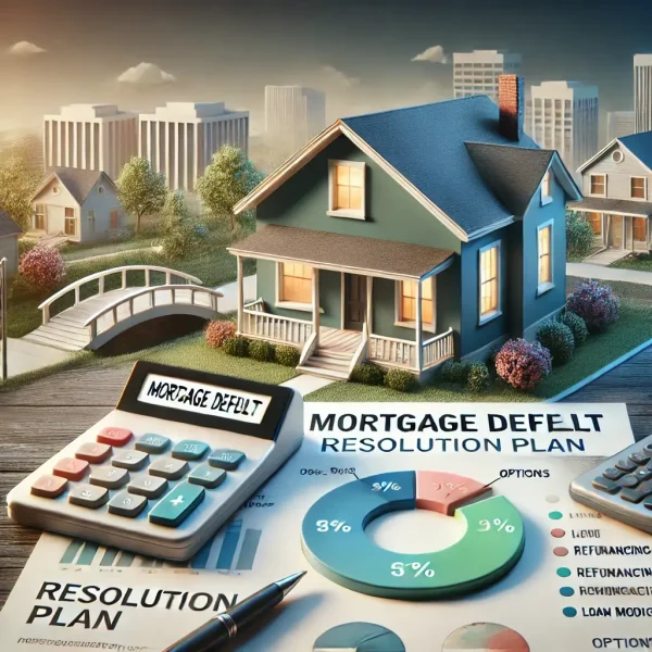 Diagram on mortgage options with 'Mortgage Defelt,' 'Resolution Plan,' and refinancing rates (3%, 5%, 9%).